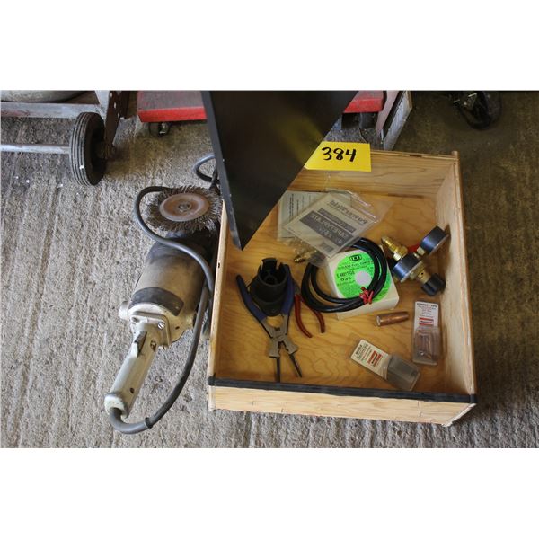 Elec. Grinder, pliers, gauges, welding shield, cabinet, etc.