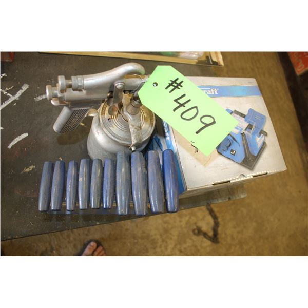 Paint spray gun, elec. Sharpener and blue handled tooling