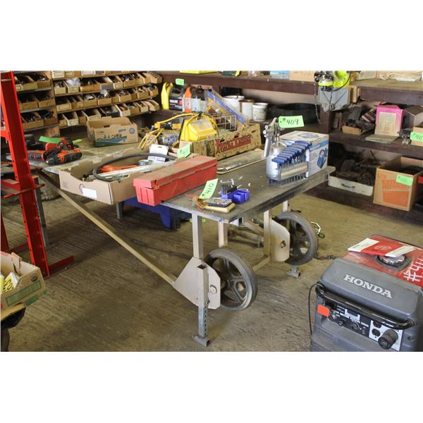 4 x 6 adjustable steel frame table c/w wheels, wood top