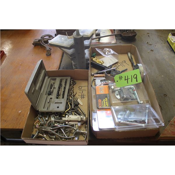 Box of hinges, misc. tools and a small swivel screw stand
