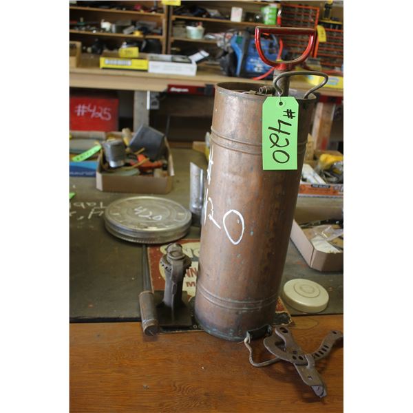 Old copper sprayer, car jack, ladle, muffler tips, replica Sinclair sign, small coke bottle set and 