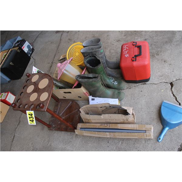 Rubber boots, bird feeder, wood stand and misc. items