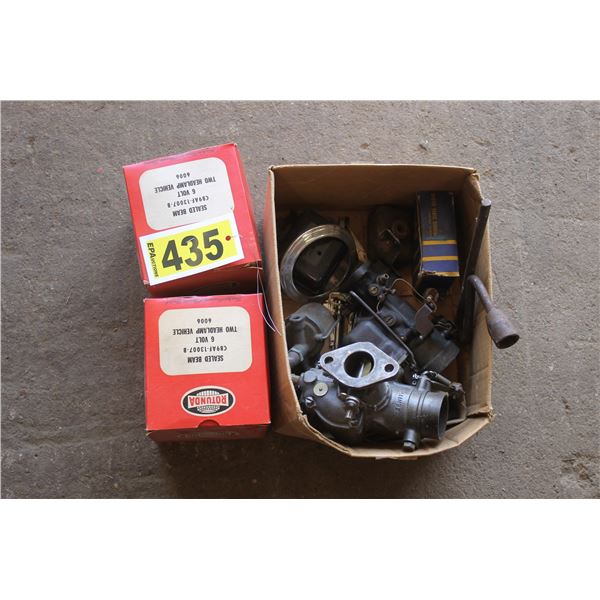 Box of carbs. and 2- 6V headlights