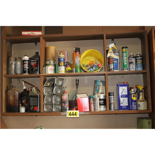 Light bulbs, oils, cleaners, c/w wood cabinet and content