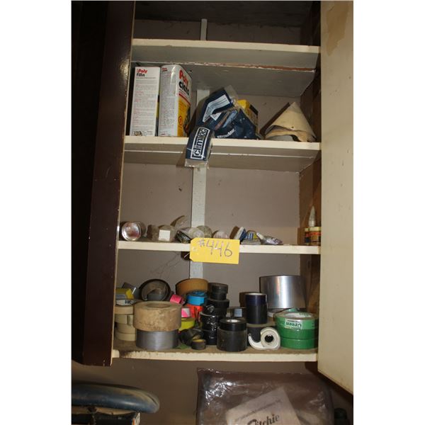Large qty of tapes, paint cans and misc. in upper cabinet
