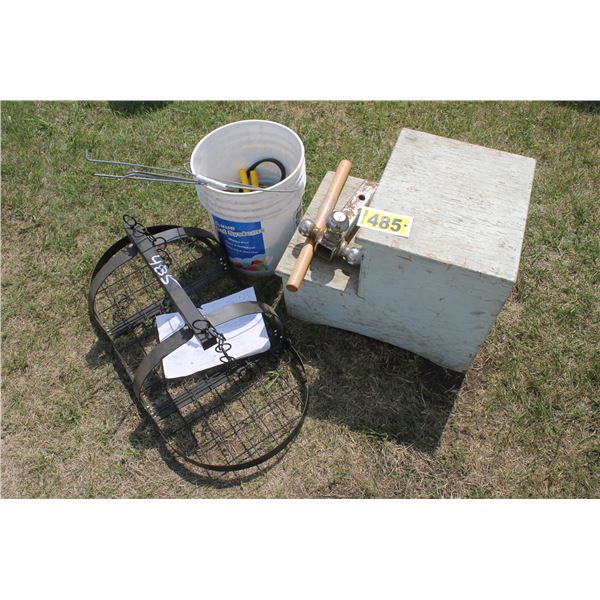 Trailer hitch, tie down straps, stand, new steel hanging basket