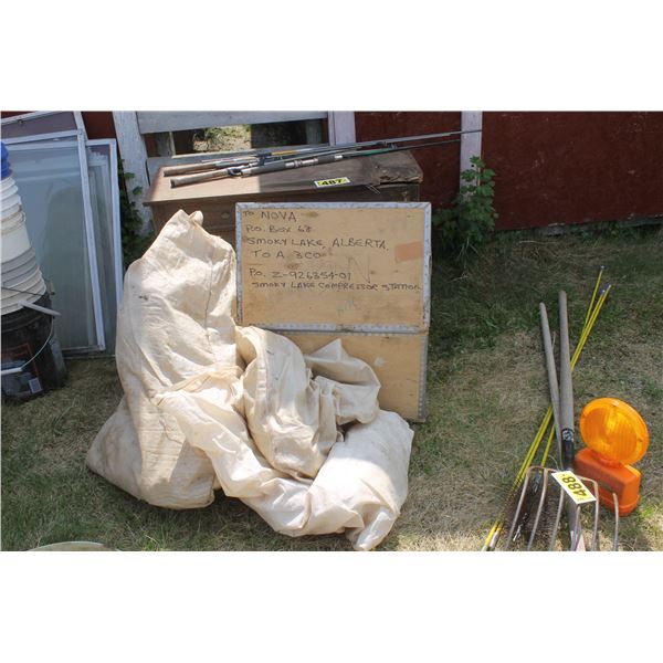 Pails, windows and garbage bag stand, old stereo and wood box