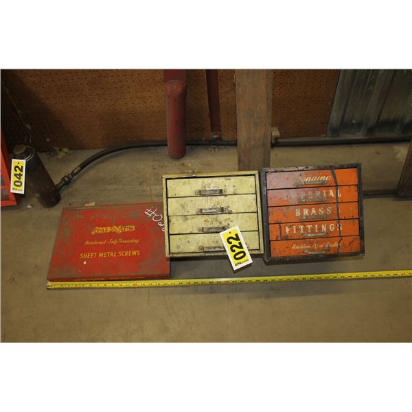 2 Drawer box filled with brass fittings and misc. 1 box of metal screws.