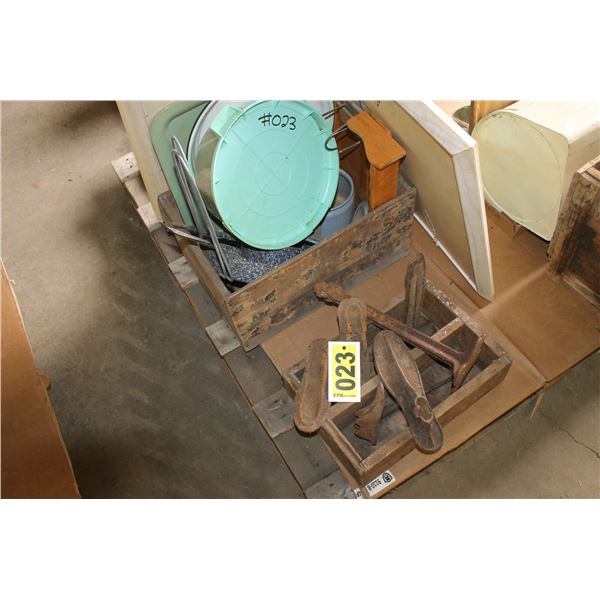 Shoe repair stand, frying pan, cake pan and 2 pictures.