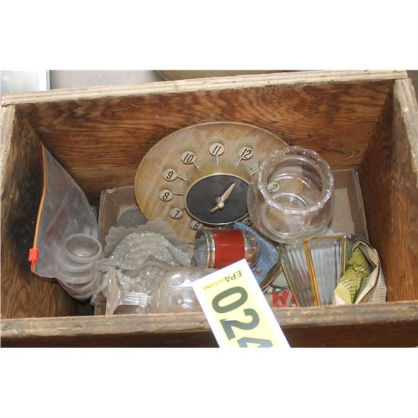 Clay jug, wooden box of glasses and clock.