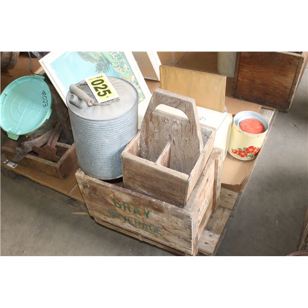 Bread box, canisters, flour sifter, gas can and milk box.