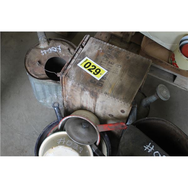 Dynamite box, old watering can, 2 gas cans, canner pots and misc. metal pots.