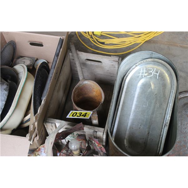 Copper boiler, old oil can, grey beverage crate, roaster, pots & pans, old clocks and 2 handmade cop