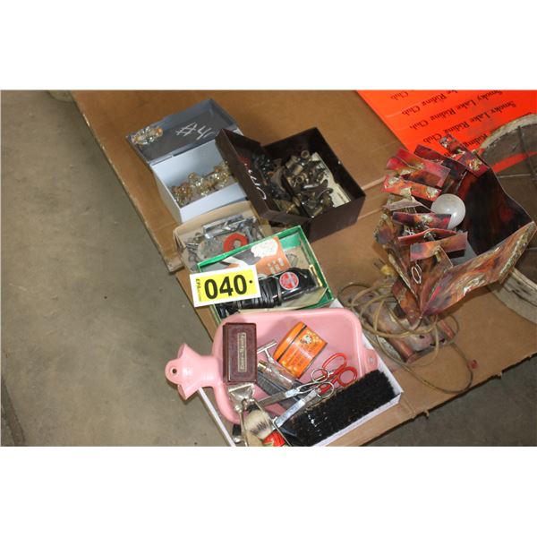 Handmade copper lamp, antique barber tools, soap brushes, scissors, razors, old lock & keys, and gla