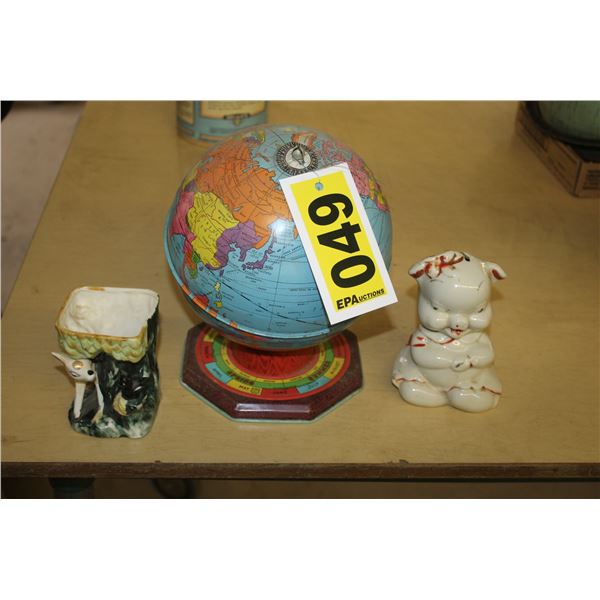 Globe, porky bank, and a Bambi and Pepe Le Pew figurine.