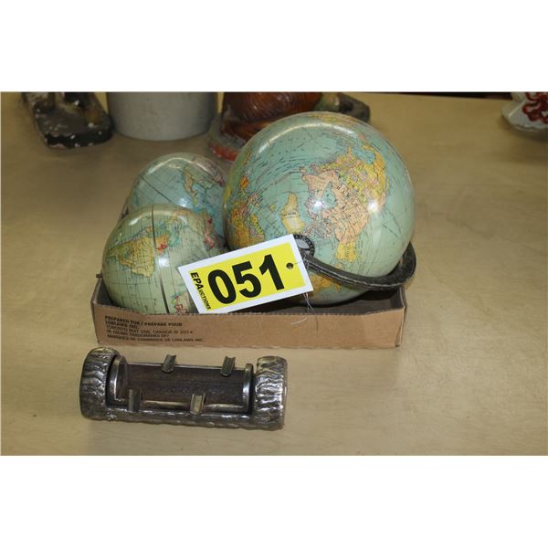 3 globes without stands and a metal log ashtray.