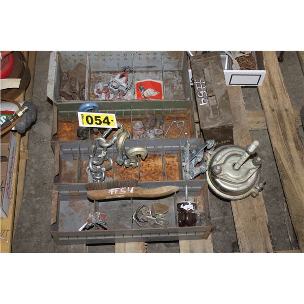6 metal containers with chain hooks, cable clamps, axe head, brake pot and misc.