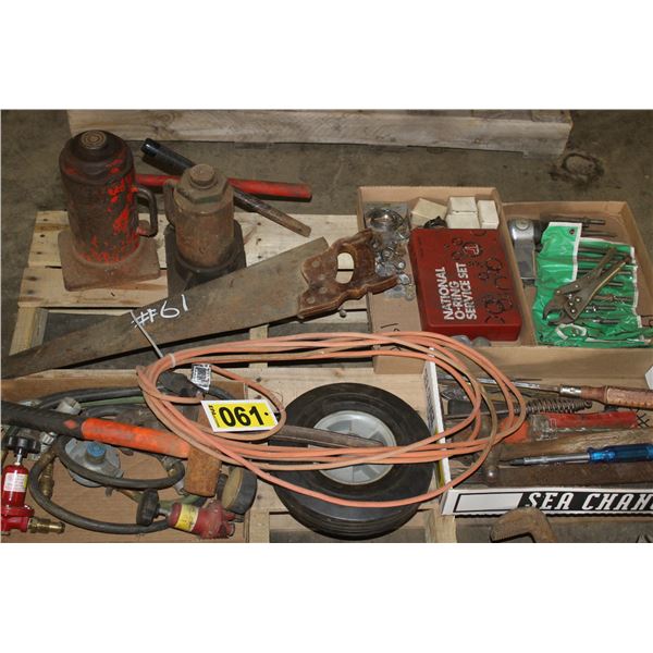 Propane regulators, 2 hydraulic jacks, couple hammers, screwdrivers, O ring set, handsaw and air ham