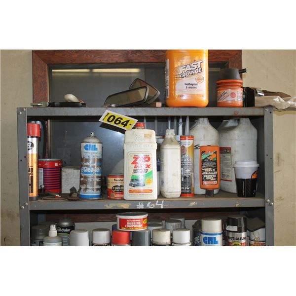 Metal shelf, spray paint, cleaners, wood stains, roof coating 3 pails (3.78L), and window wash.
