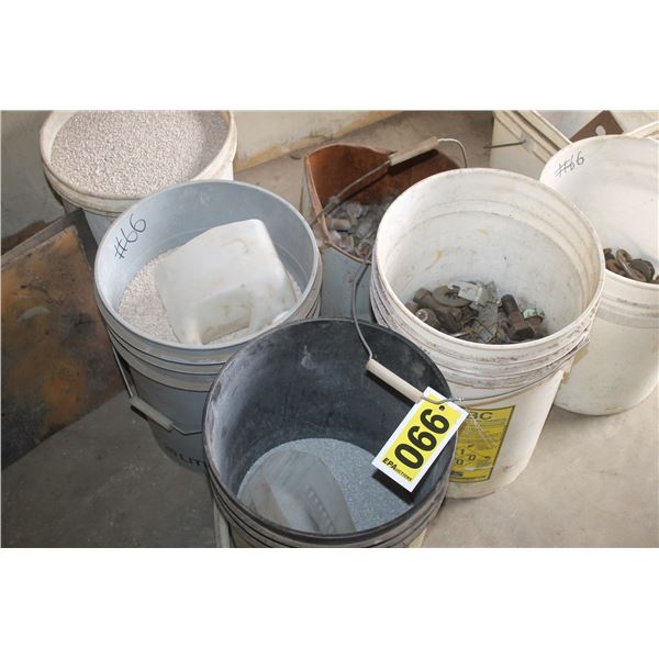 4 Pails of bolts, 3 pails of floor dry and a broken vice.