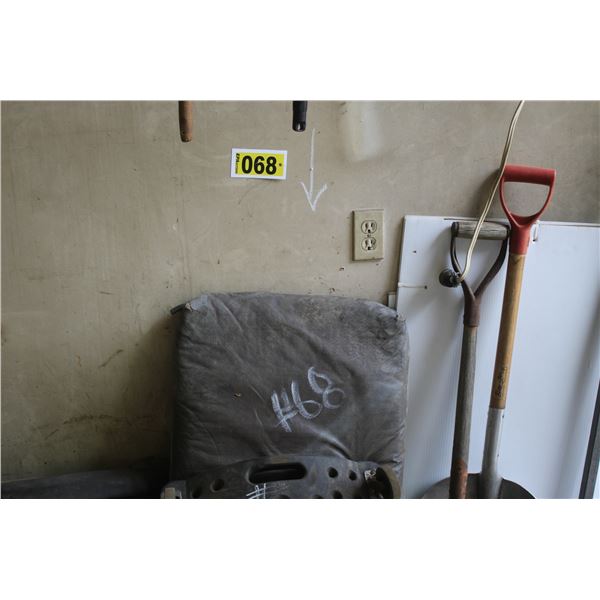 Rubber wheel creeper, appliance dolly, 2 stood upon (step ups), 2 shovels, a broom and a bar.