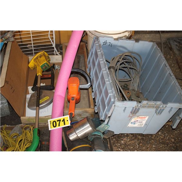 Winch cable, weed wacker, hedge trimmer, flash lights, metal tool box, galvanized bolts and a pool n