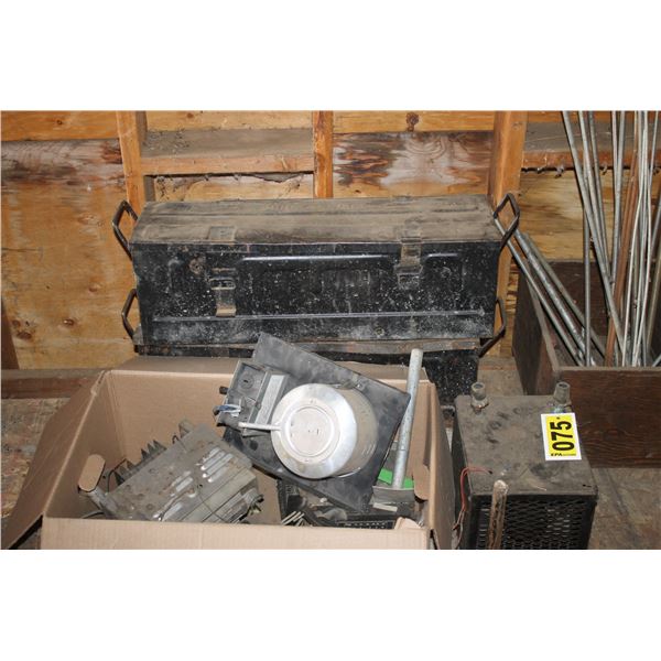 Ready rods auxiliary heater, 2 ammo boxes (28"W x 8 1/2"D x 9"H), and old radios.