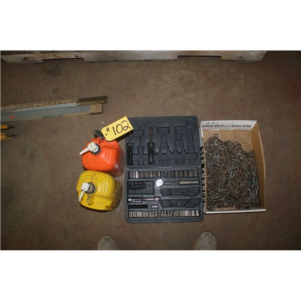 Set of 3/8's & 1/4 inch sockets, 2 hand cleaners & tire chain for garden tractor.