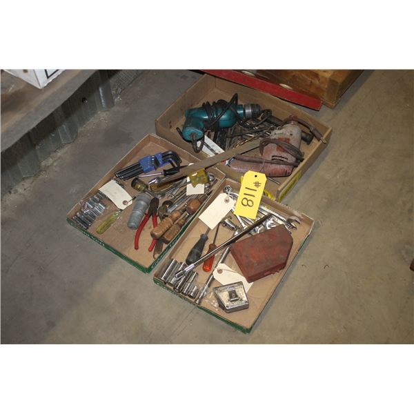 3/8 sockets, 1/4 inch sockets, Allen wrenches, screwdriver, file, 2 electric drills, bunch of bits a