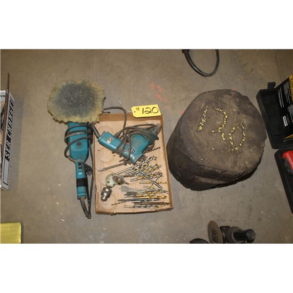 Angle grinder, electric drill with bits, Block of wood.