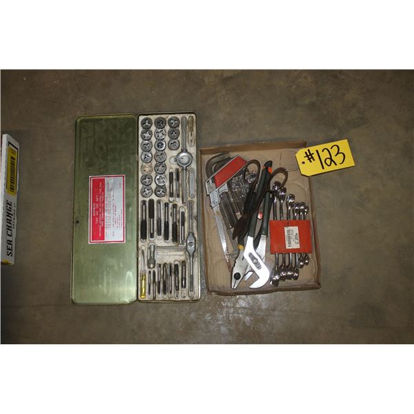 40 piece tap & die set Allen wrenches, keyhole saw, pliers & flare nut wrenches.