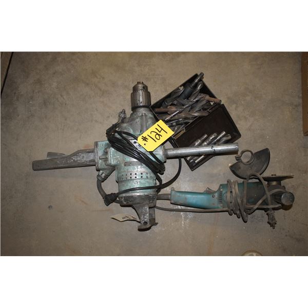 3/4 inch & 3/4 horse electric drill, drill bits and 5 inch grinder.