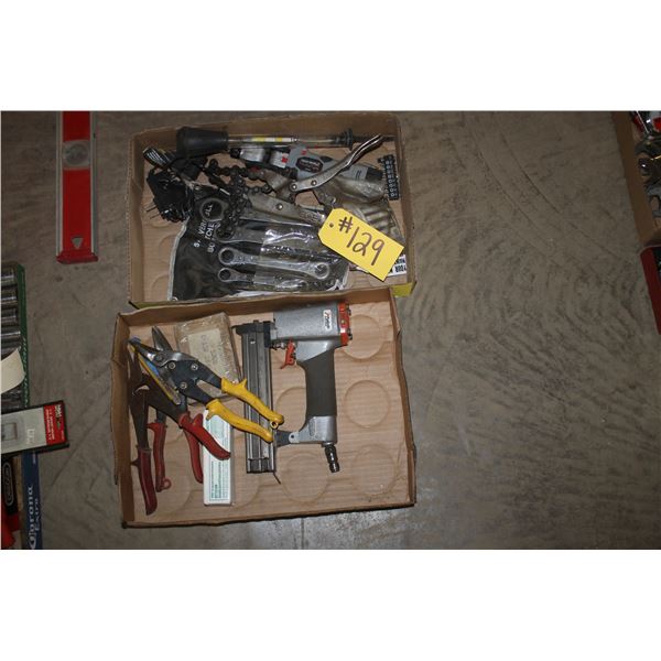 Brad nailer, 3 sets of tin snips, ratchet wrenches, chain vice grips, battery tester & battery screw