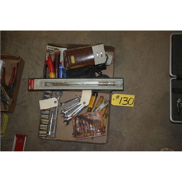 1/2 inch sockets, ratchet & extension, combination metric wrenches, Allen wrenches, screwdrivers, 50