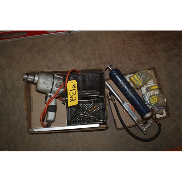 1/3 inch drill with bits, grease gun with nipples.