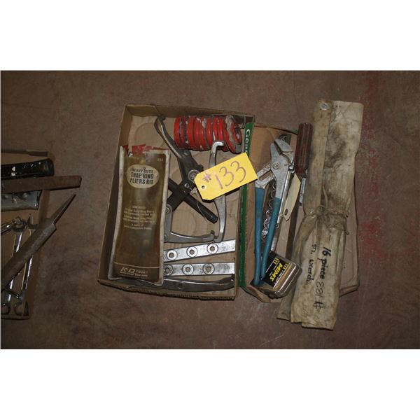 Gear puller, seal driver, snap ring pliers, 16 piece metric wrench set, slip join pliers, metric 3/8