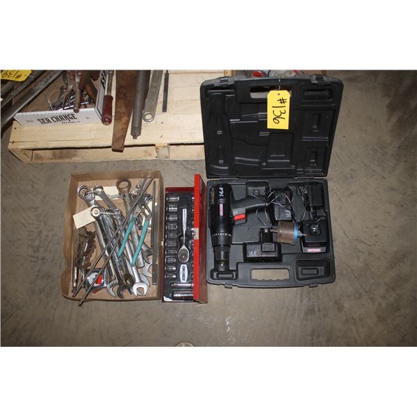 3/8 socket set, electric drill, various wrenches.