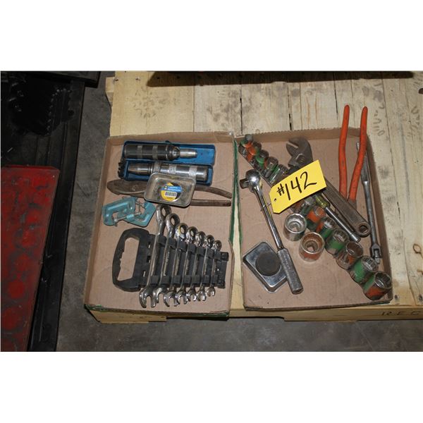 1/2 drive metric sockets, ratchet, crescent wrench, ratchet wrenches 7 piece, pliers, & magnetic too