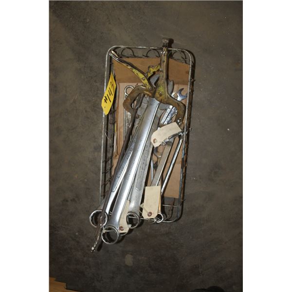 Wrenches various size up to 1 1/2 inch, vice grips, and crescent wrench.