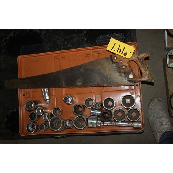 Handsaw, various 3/4 inch sockets (1 inch - 2 inch)