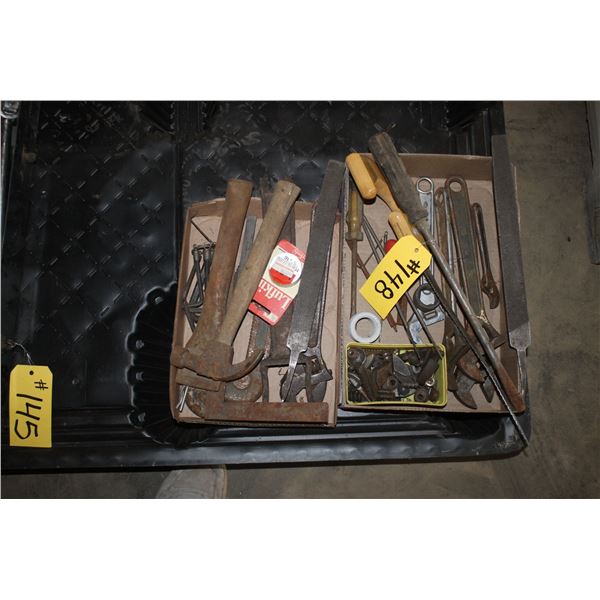 Allen wrenches, square, pipe wrench parts, hammer, whole saw, and a screwdriver.