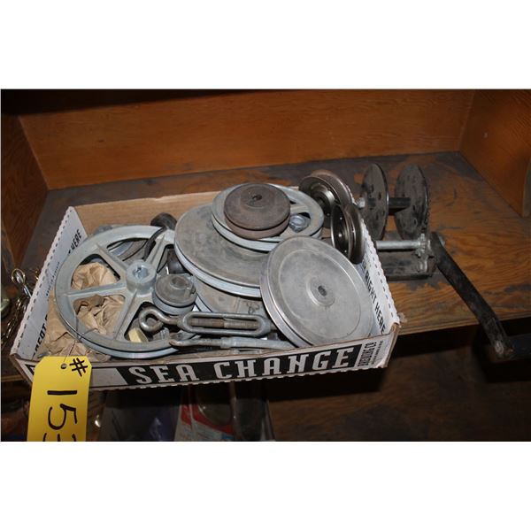 Pulleys, turn buckles, hand winch, 5th wheel lock, and block pins.