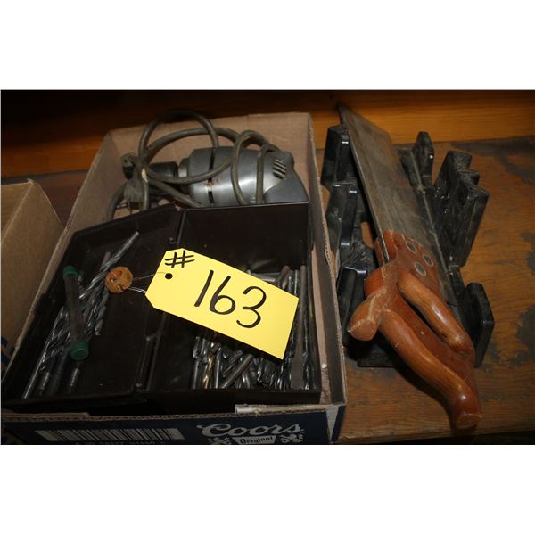 Drill with bits, mitre handsaw, 3 inch bolts and nuts.