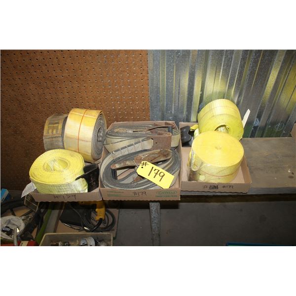 Ratchet straps (2), (4) 4 inch tie down straps, 3 inch tie down strap.