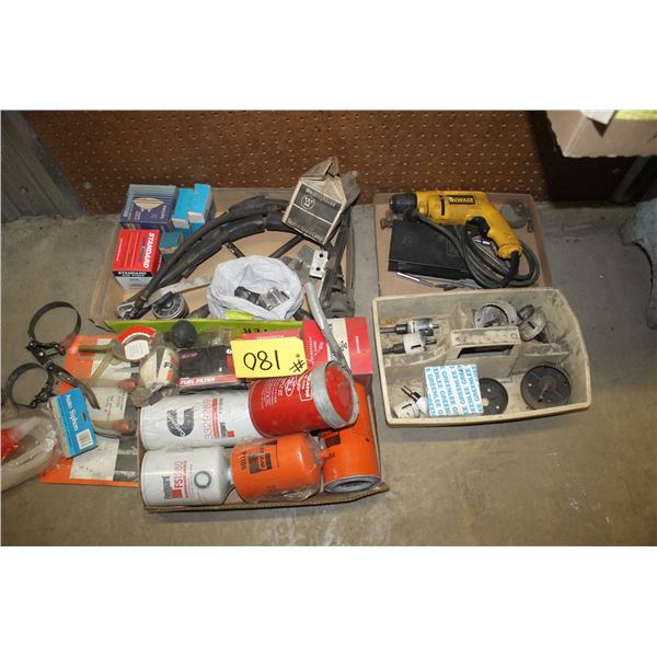 Oil filter, filter wrenches, electric drill, drill bits, whole saws, suction hose, and a universal j