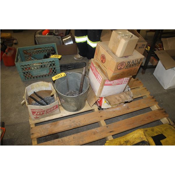 Fencing staples, various sizes of nails 3 boxes, 2 boxes of 1 1/4 inch ice screws, and ice racing st