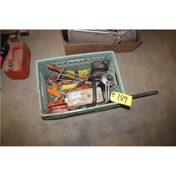 Chainsaw, chainsaw sharpener and wrenches.