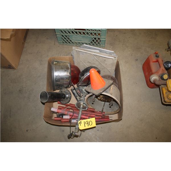 Old RCMP red flashing lights, spot light, stop light, flares and an old laugh horn.