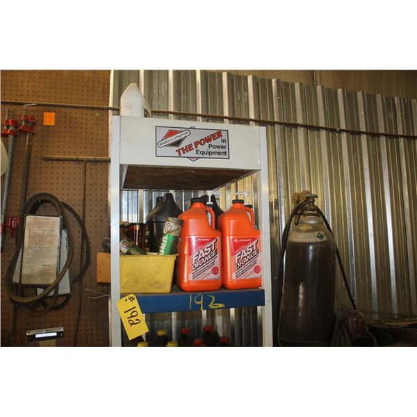 Shelf of 3 gallon pails of oil. 30 L of motor oil, gear oil, 68 L of antifreeze, 7L fast orange, 11 