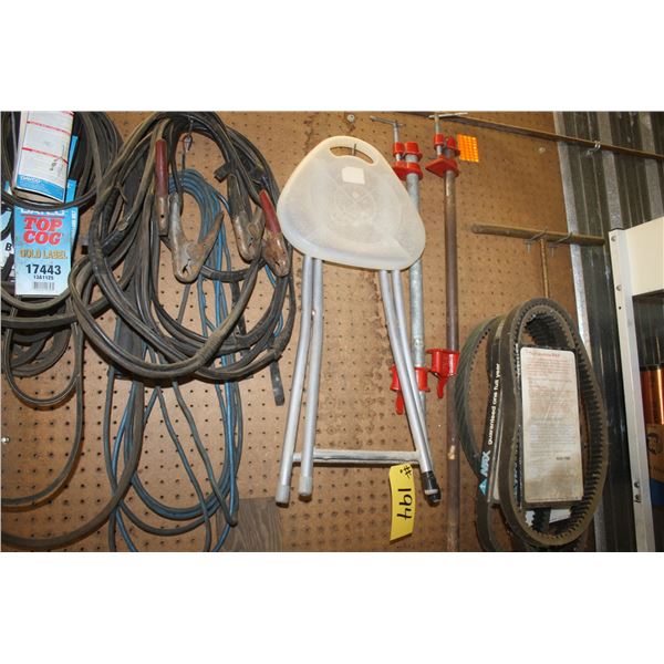 Stool, booster cables and various belts.